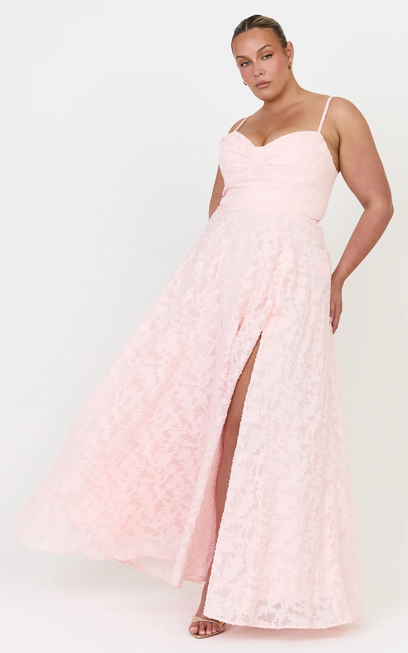 Rachel Maxi Dress - Sweetheart Neckline Jacquard Front Split Dress in Pink