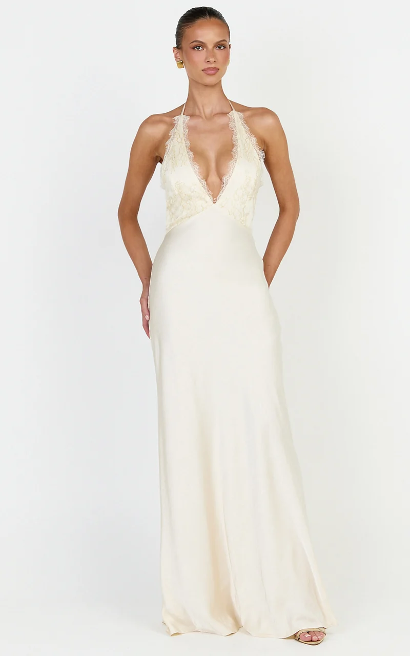 Marielle Maxi Dress - Lace Bust Halter Dress in Cream