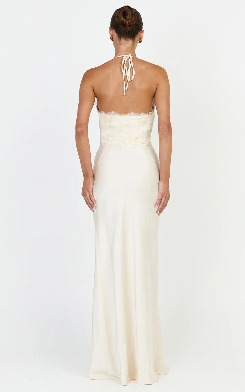 Marielle Maxi Dress - Lace Bust Halter Dress in Cream