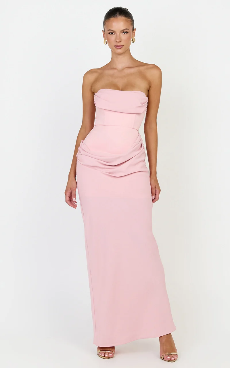 Phoebe Maxi Dress - Strapless Structured Bodice Drape Skirt Dress in Pink