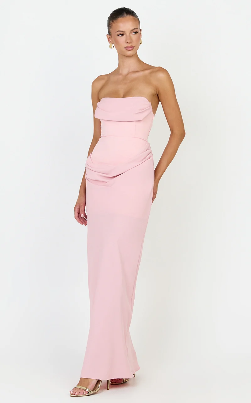 Phoebe Maxi Dress - Strapless Structured Bodice Drape Skirt Dress in Pink