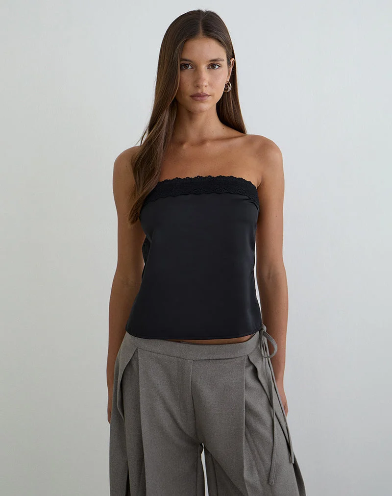 Haut bandeau Minae avec bordure en dentelle, en satin noir