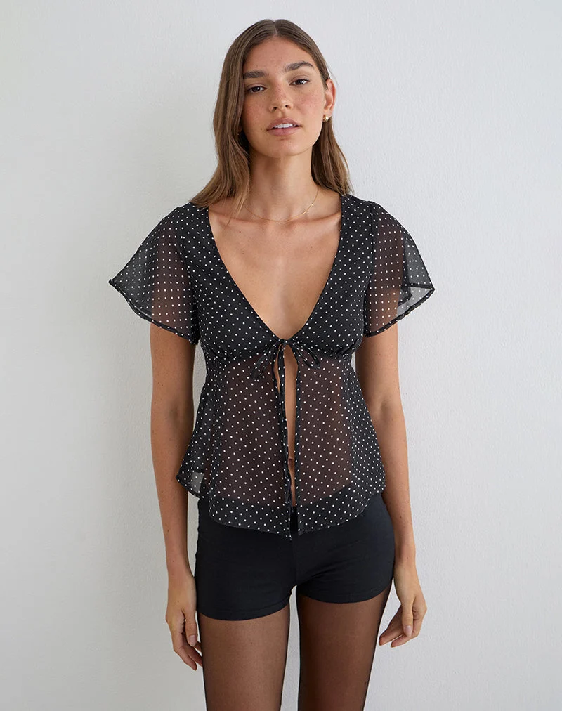 Blouse Kota en mousseline noire à petits pois