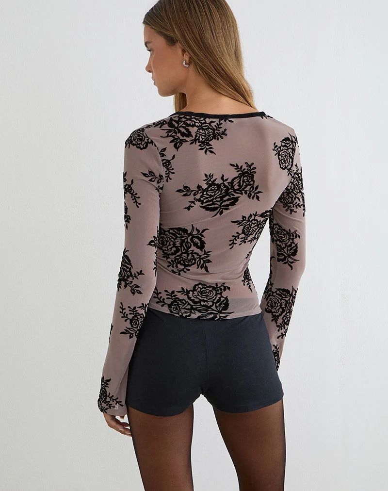 Haut Jumah gris taupe avec motif floral floqué audacieux