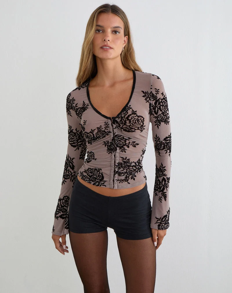 Haut Jumah gris taupe avec motif floral floqué audacieux