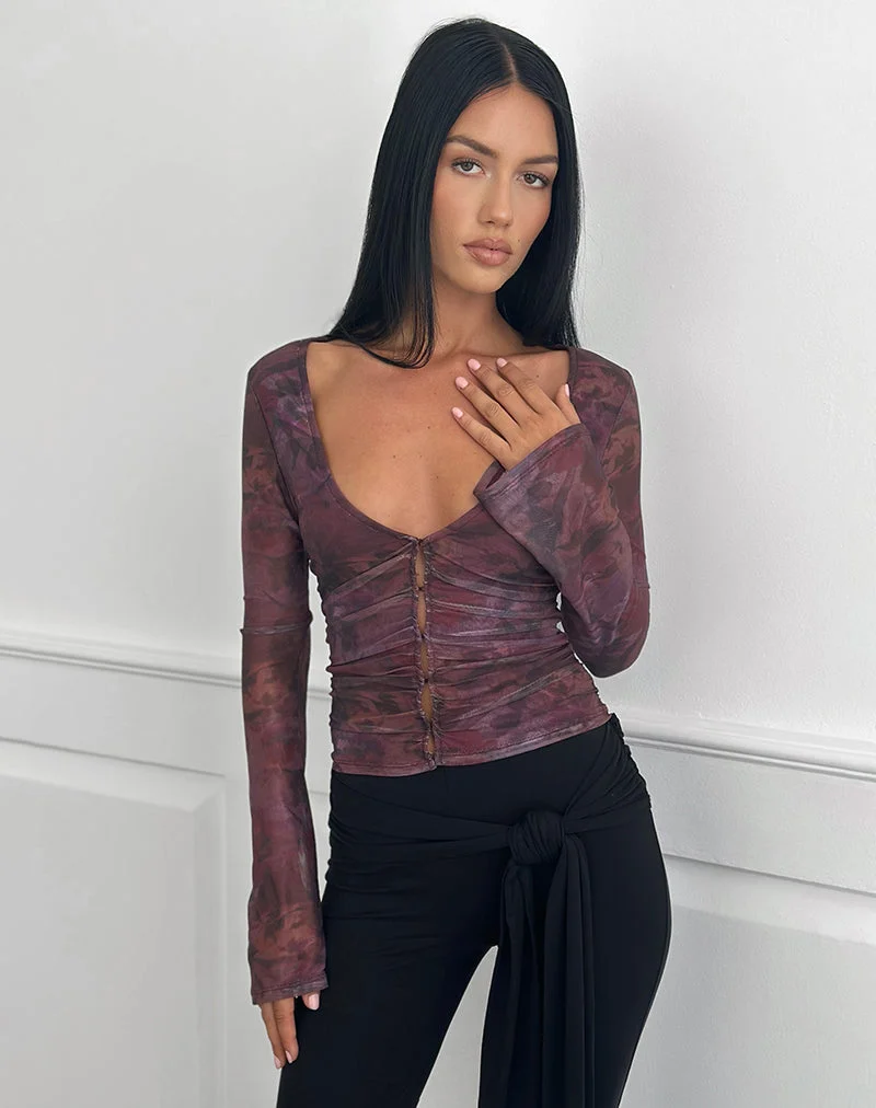 Haut à manches longues Aifee en maille à motif floral flou bordeaux