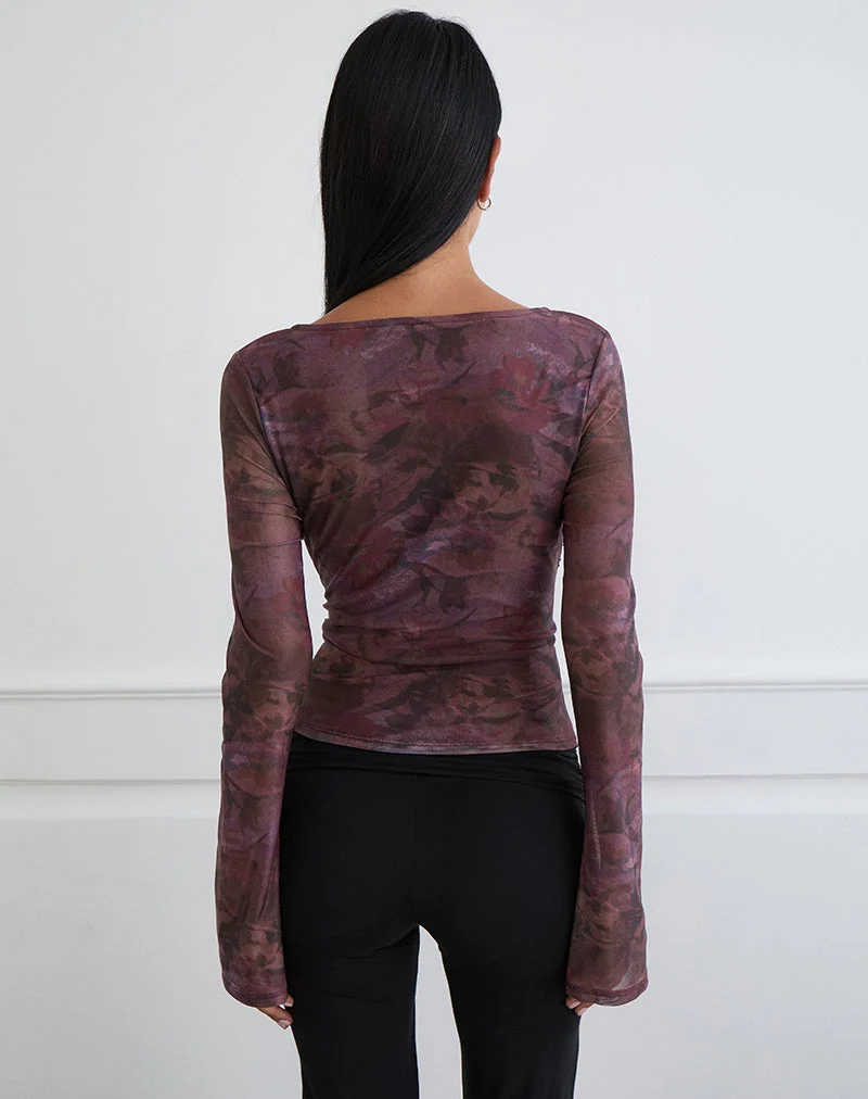 Haut à manches longues Aifee en maille à motif floral flou bordeaux
