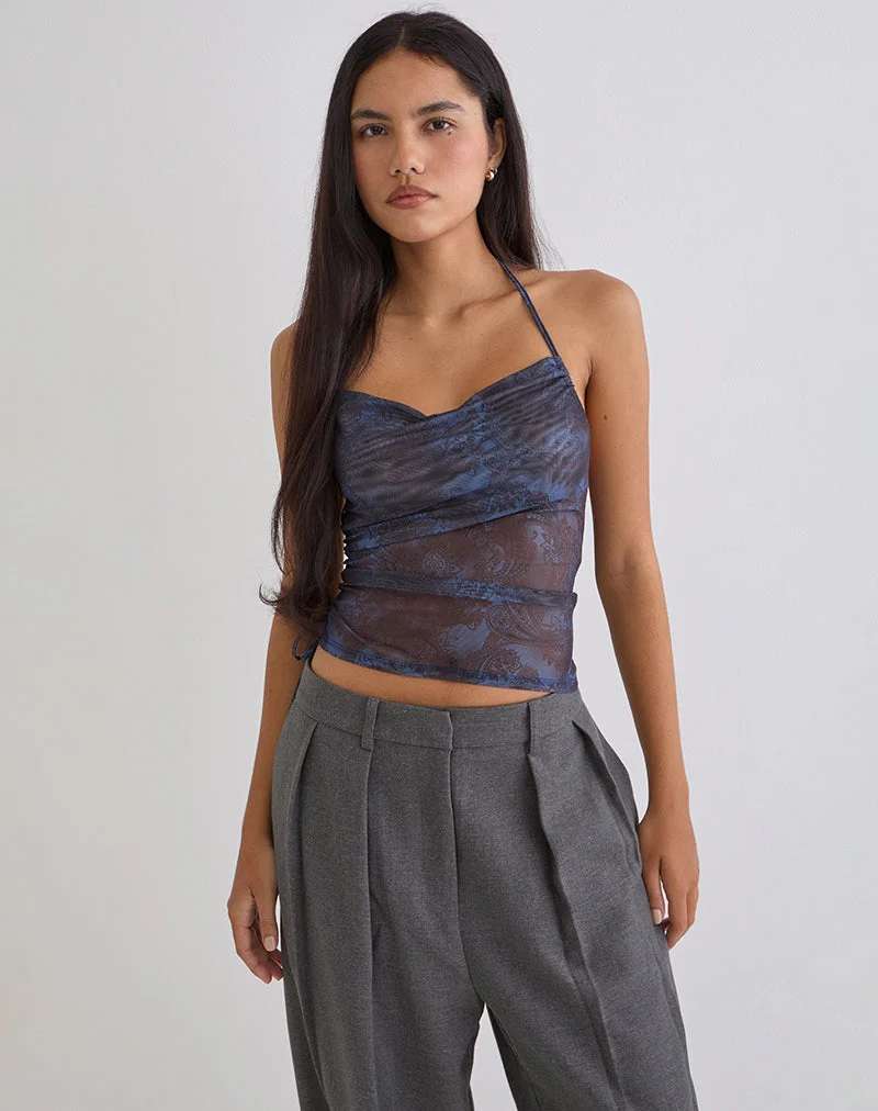 Haut dos nu Xiomara à motif cachemire bleu foncé