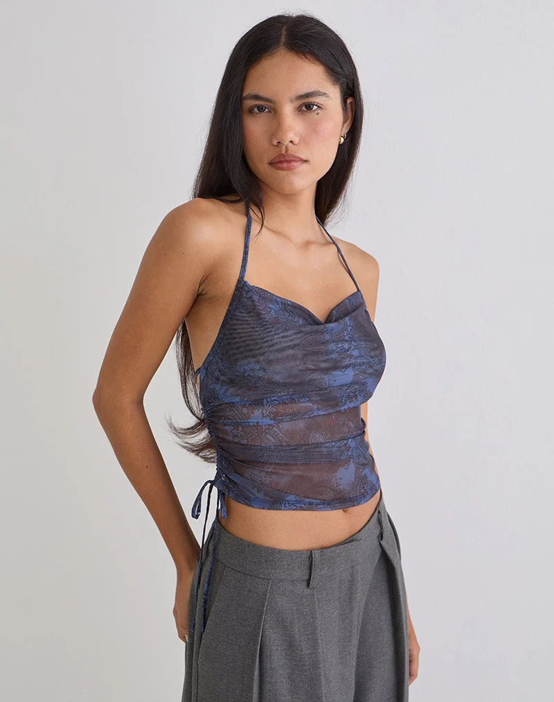 Haut dos nu Xiomara à motif cachemire bleu foncé