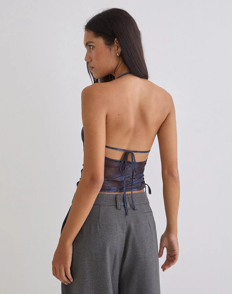 Haut dos nu Xiomara à motif cachemire bleu foncé