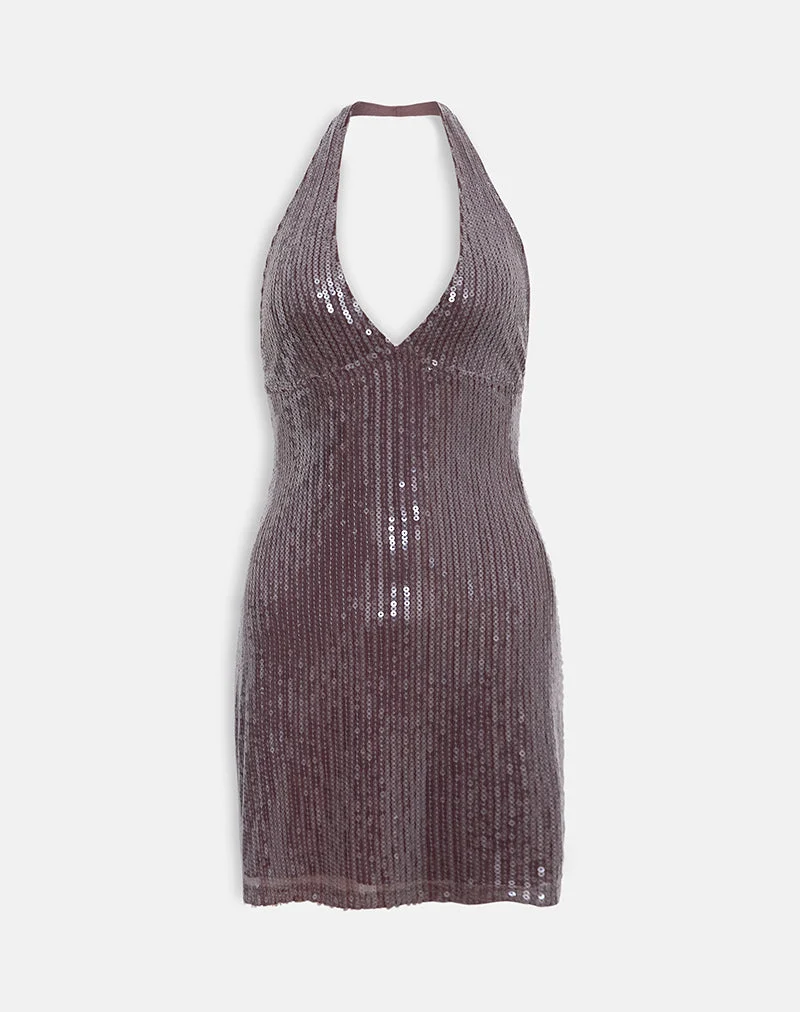 Hepasi Robe dos nu en paillettes transparentes teintées marron
