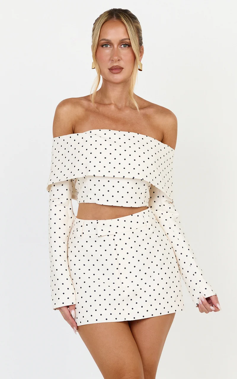 Lana Mini Skirt - Structured Tailored Skirt in Cream/Black Polka Dot