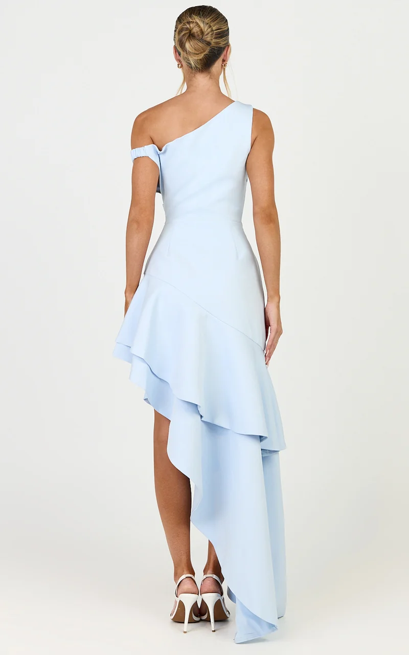 Alani Maxi Dress - Off Shoulder Asymmetric Flounce Dress in Light Blue