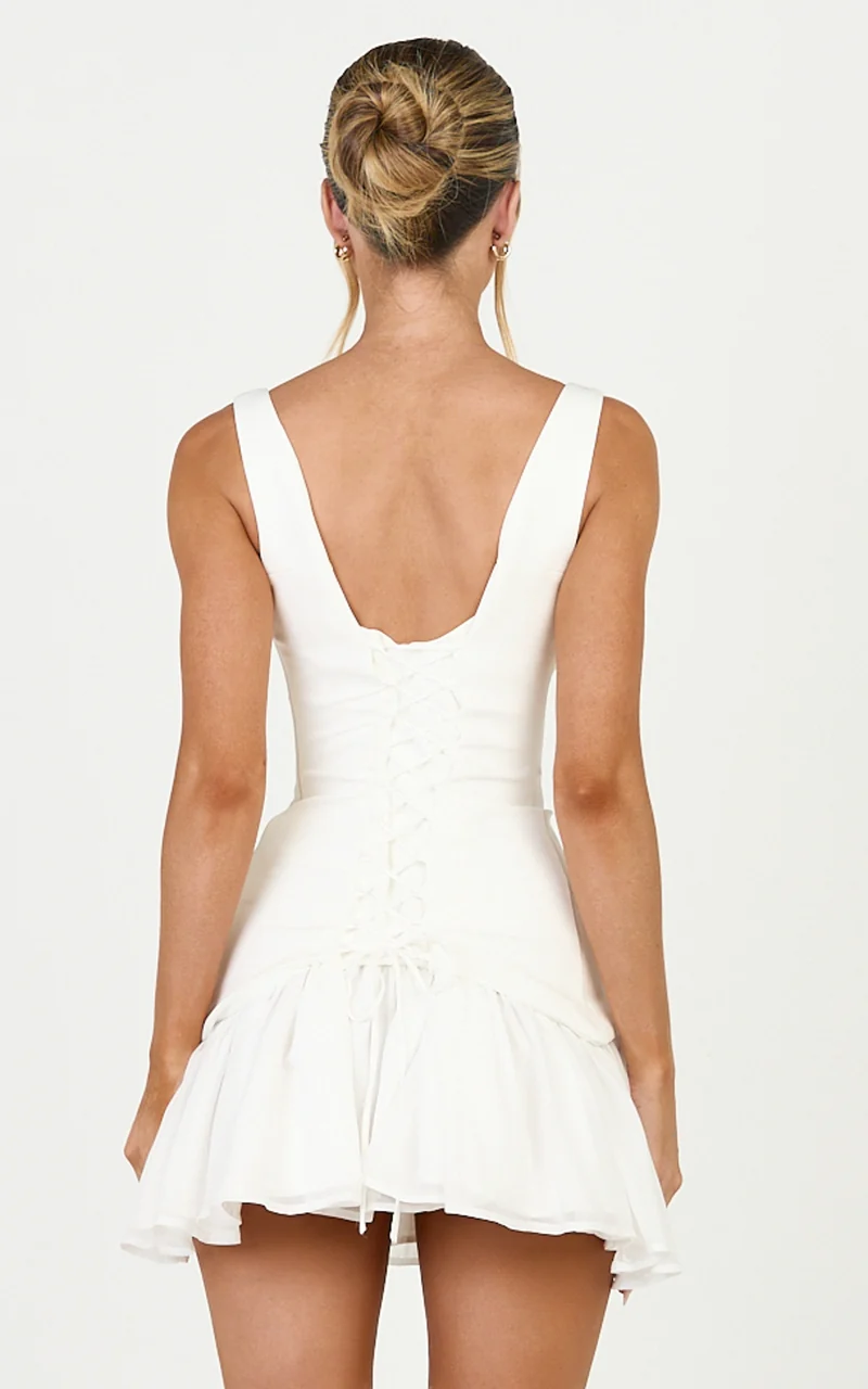 Coco Mini Dress - Corset Bodice Fit And Flare Dress in White