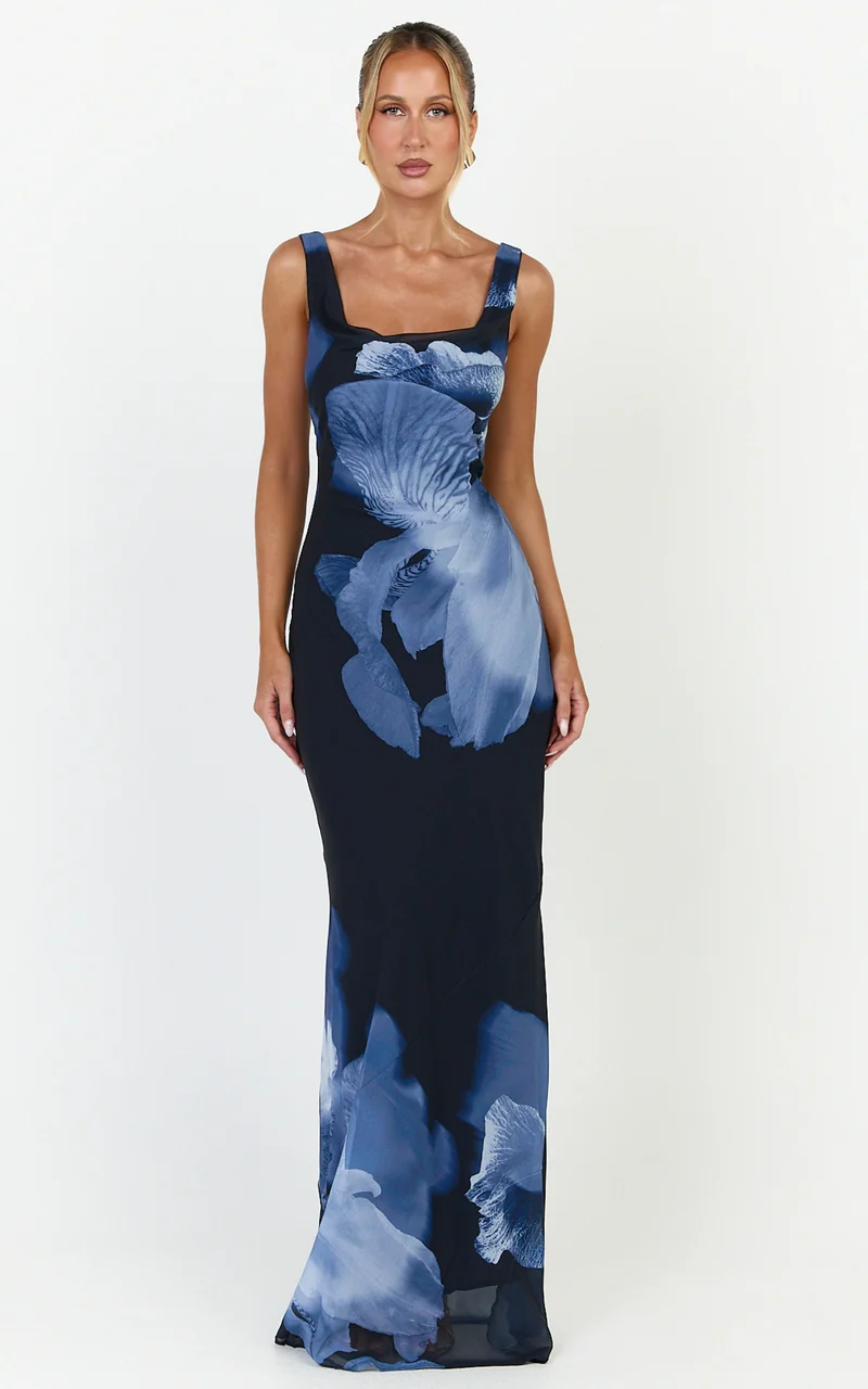 Summer Maxi Dress - Cowl Neck Slip Dress in Twilight Orchid Print