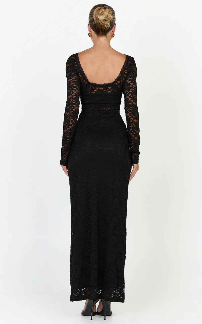 Skye Maxi Dress - Lace Long Sleeve Draped Waist Dress in Black