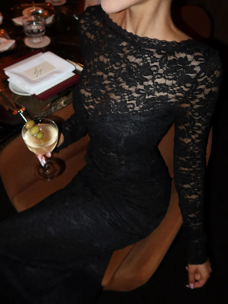 Skye Maxi Dress - Lace Long Sleeve Draped Waist Dress in Black