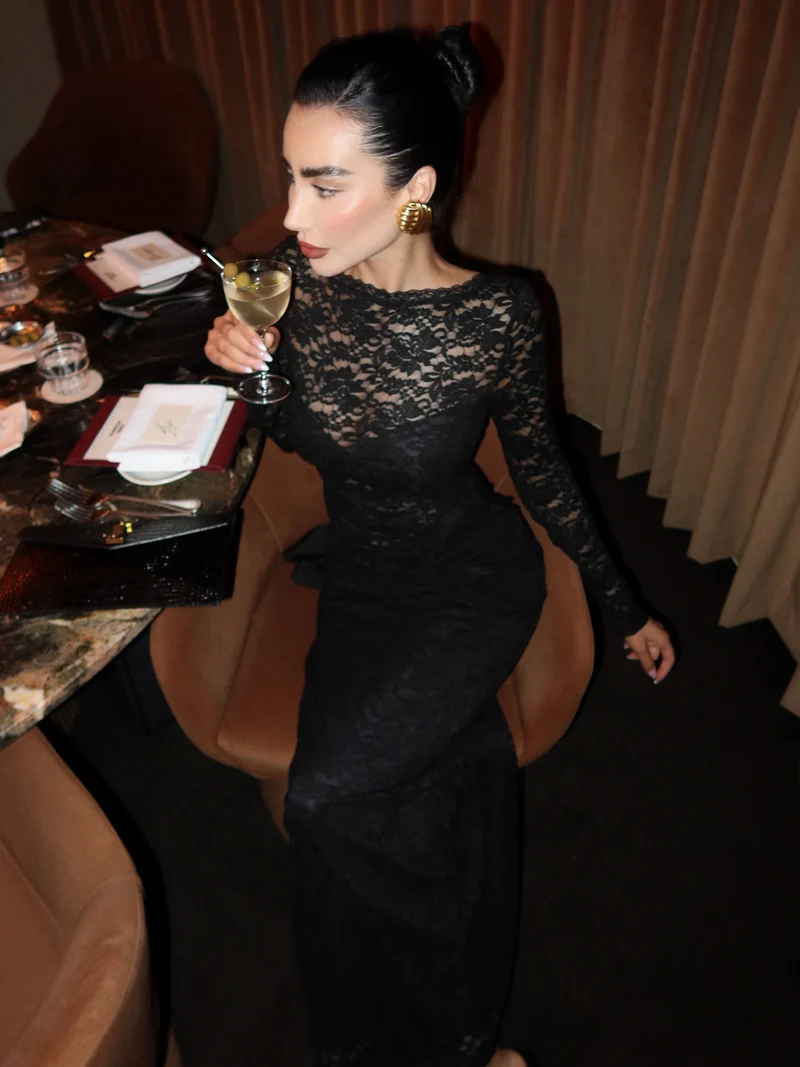 Skye Maxi Dress - Lace Long Sleeve Draped Waist Dress in Black