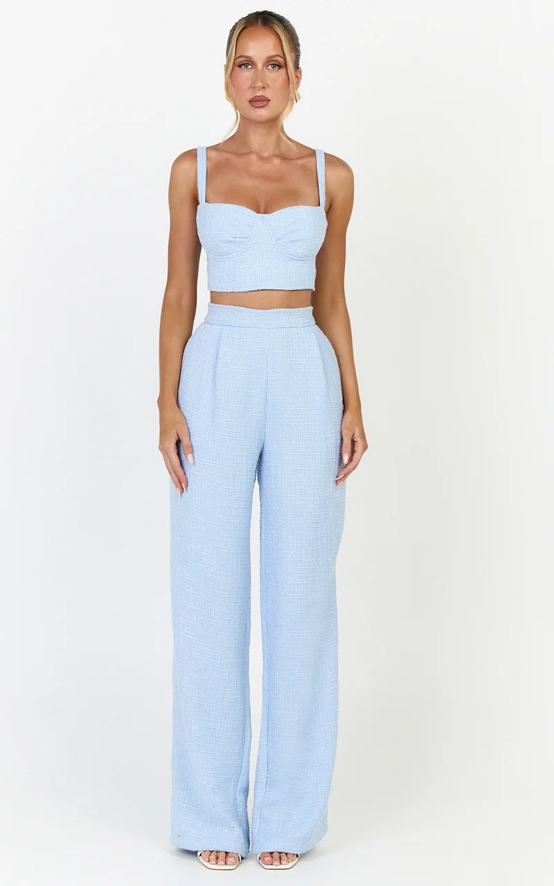 Sylvia Two Piece Set - Corset Top and High Waisted Wide Leg Pants Set in Blue