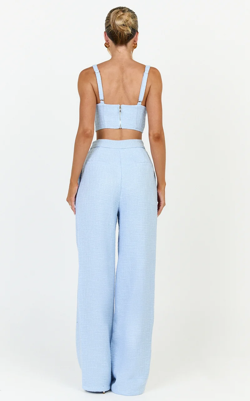 Sylvia Two Piece Set - Corset Top and High Waisted Wide Leg Pants Set in Blue