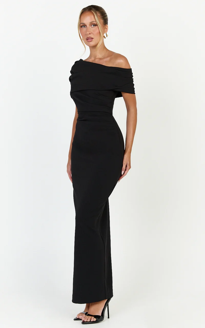 Ottilie Maxi Dress - Pin Tucked One Shoulder Fitted Dress in Black