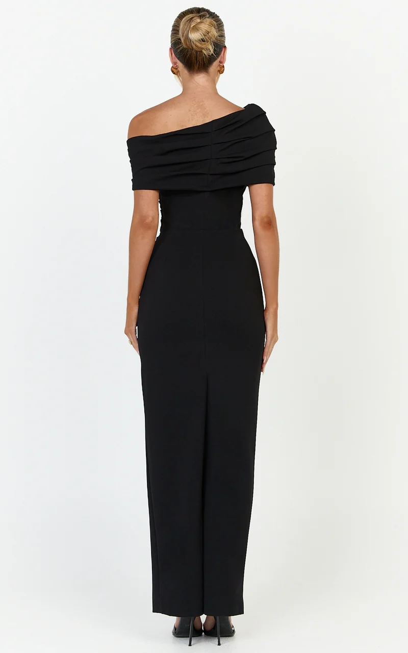 Ottilie Maxi Dress - Pin Tucked One Shoulder Fitted Dress in Black