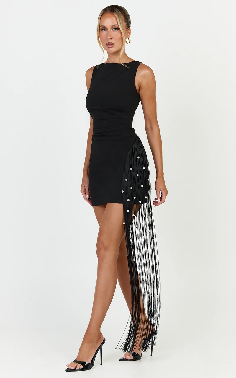 Liana Mini Dress - Boat Neckline Pearl Fringe Dress in Black