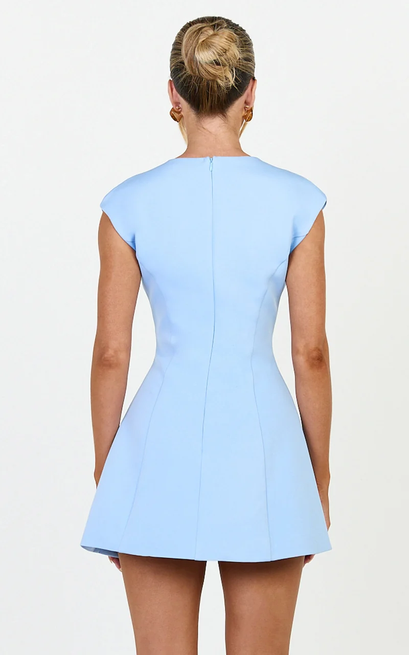 Lilo Mini Dress - V Neck Cap Sleeve Tulip Shape Dress in Cornflower Blue