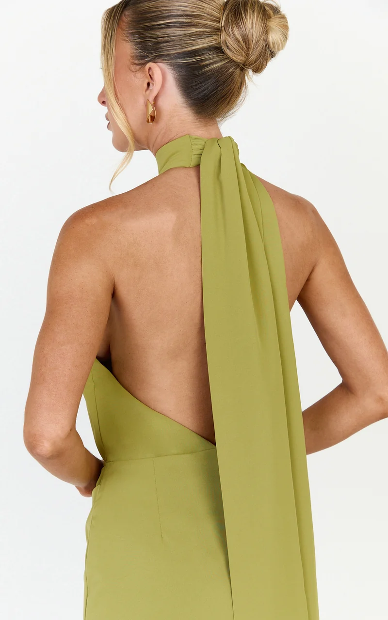 Dune Mini Dress - Backless High Neck Halter Dress in Olive