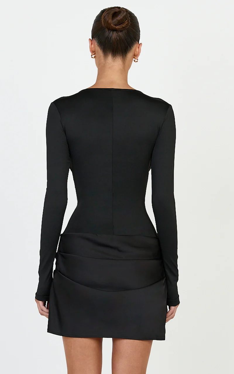 Hazel Mini Dress - Long Sleeve Draped Hip Plunge Dress in Black
