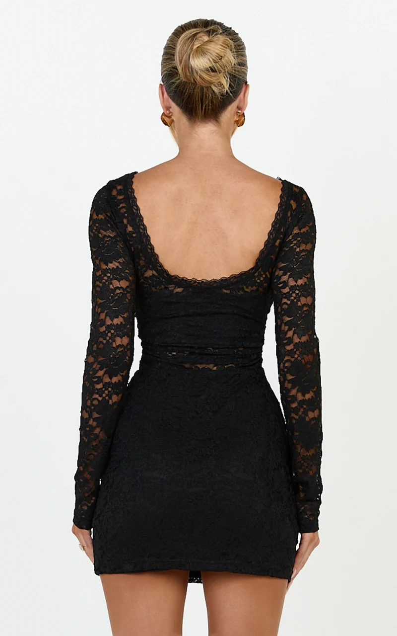 Skye Mini Dress - Lace Long Sleeve Draped Skirt Dress in Black