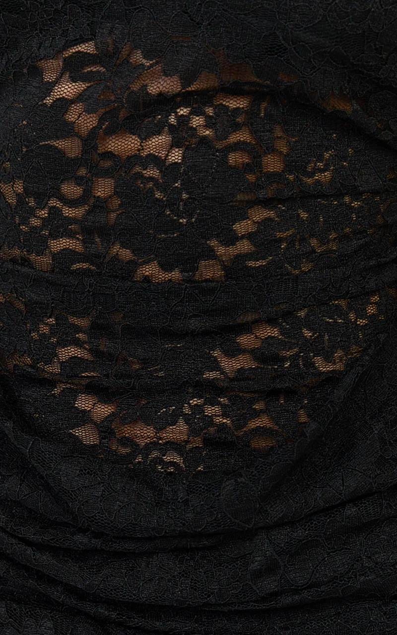 Skye Mini Dress - Lace Long Sleeve Draped Skirt Dress in Black