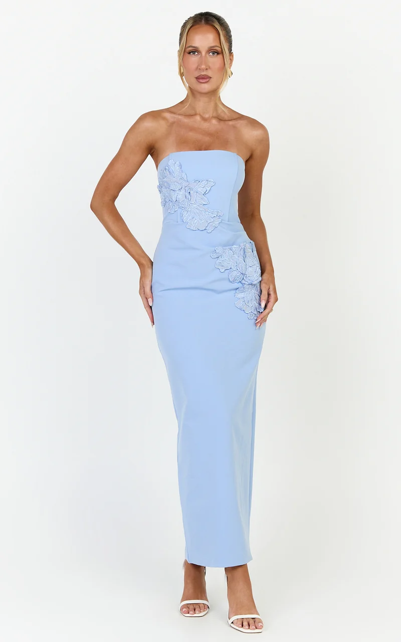 Moana Maxi Dress - Strapless Floral Embellished Structured Column Dress in Soft Blue