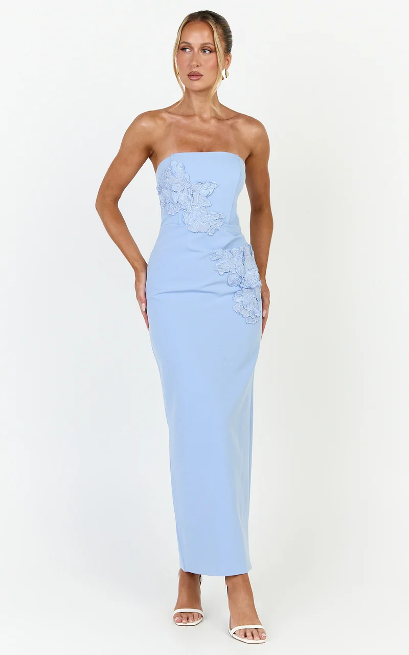 Moana Maxi Dress - Strapless Floral Embellished Structured Column Dress in Soft Blue
