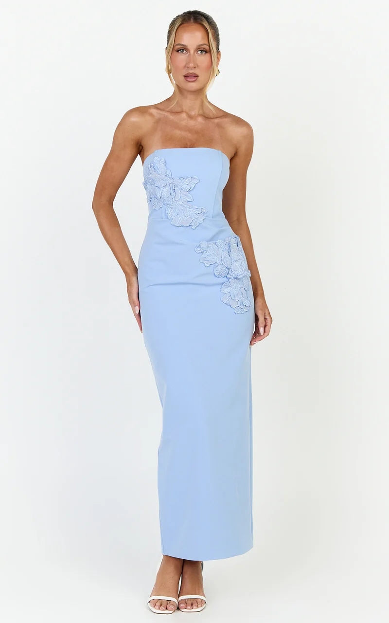 Moana Maxi Dress - Strapless Floral Embellished Structured Column Dress in Soft Blue