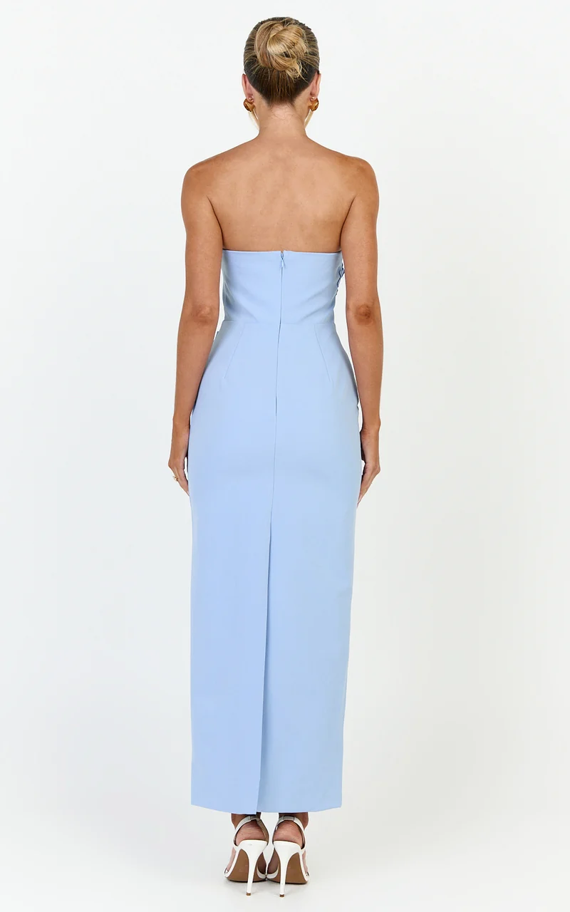 Moana Maxi Dress - Strapless Floral Embellished Structured Column Dress in Soft Blue