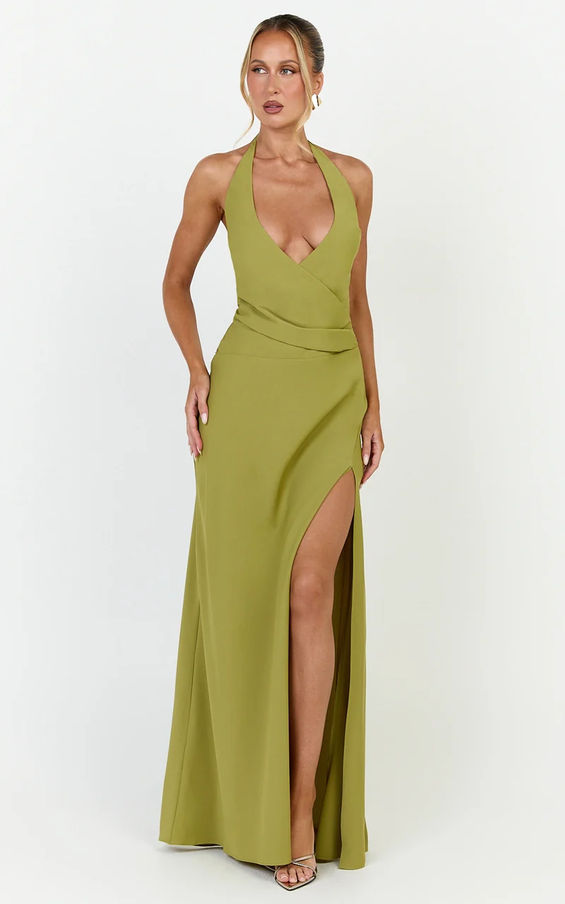 Dune Maxi Dress - Backless Plunge Neckline Draped Bodice Halter Dress in Olive