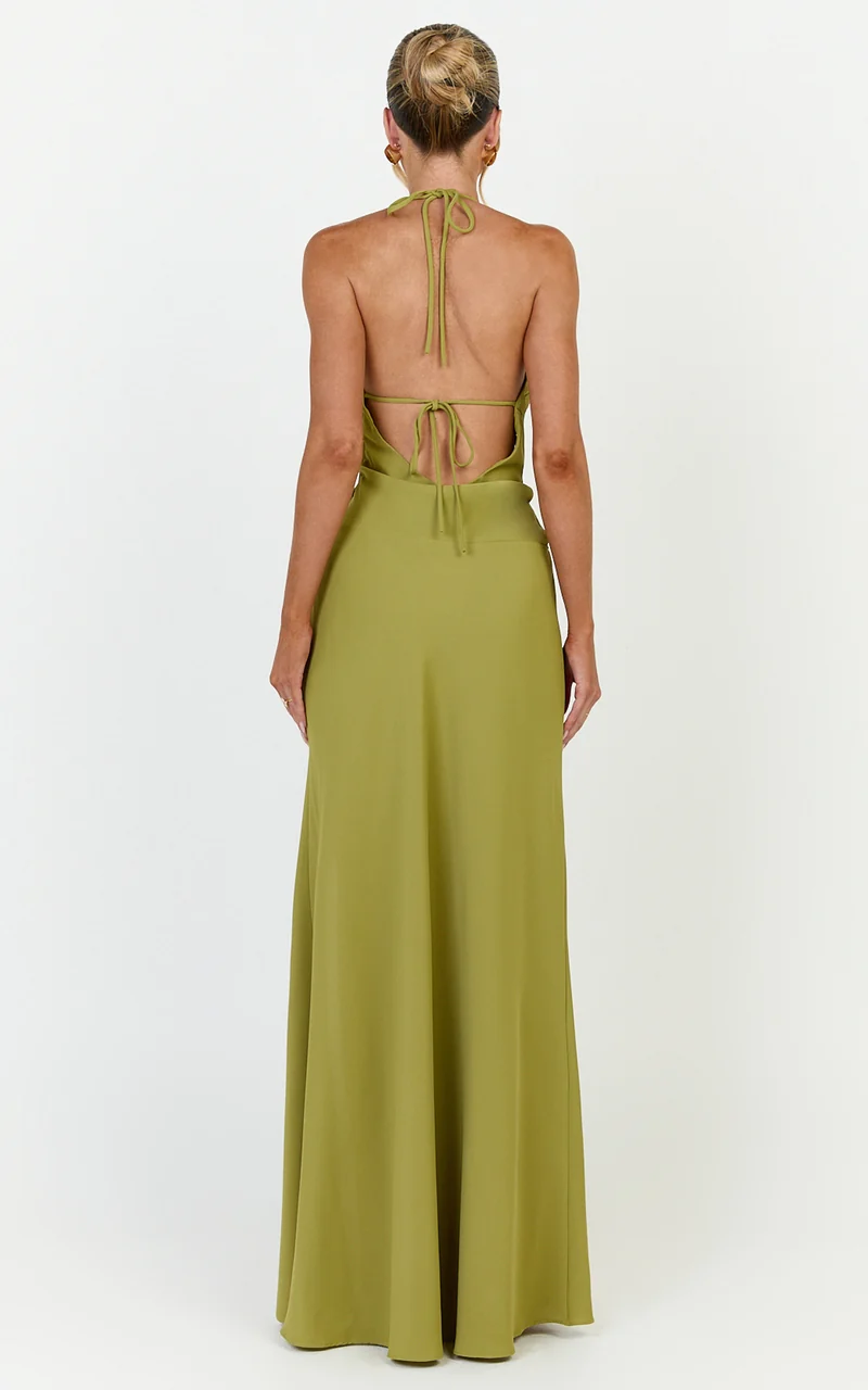 Dune Maxi Dress - Backless Plunge Neckline Draped Bodice Halter Dress in Olive