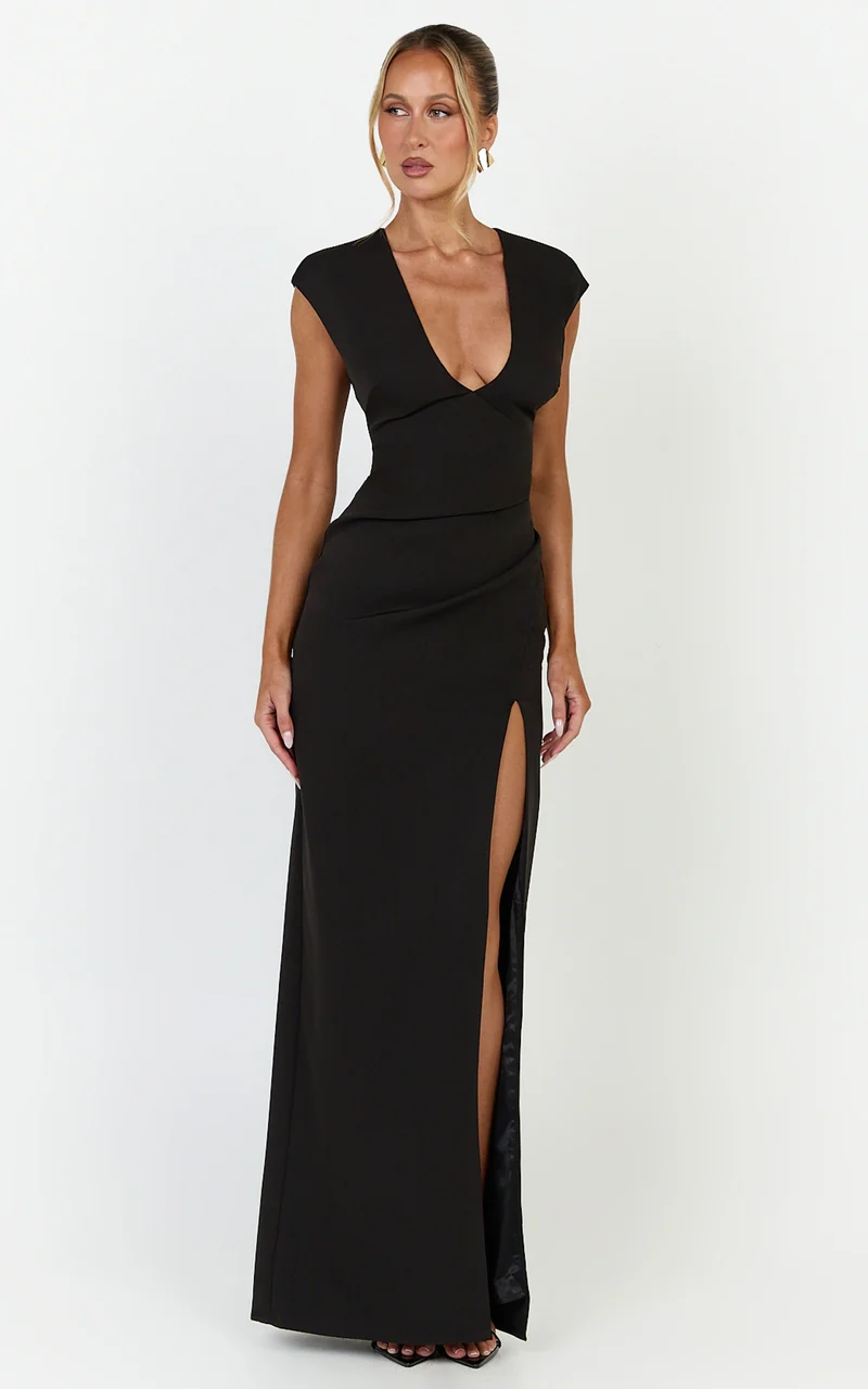 Lilo Maxi Dress - V Neck Cap Sleeve Dress in Black
