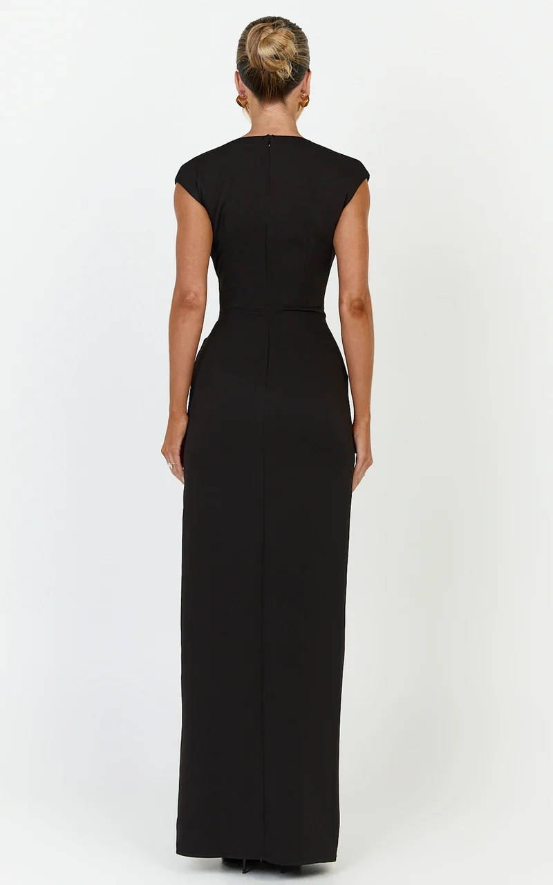 Lilo Maxi Dress - V Neck Cap Sleeve Dress in Black