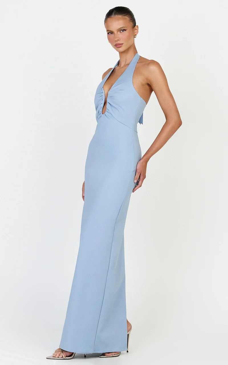 Baya Maxi Dress - Gathered Plunge Neckline Halter Dress in Pale Blue