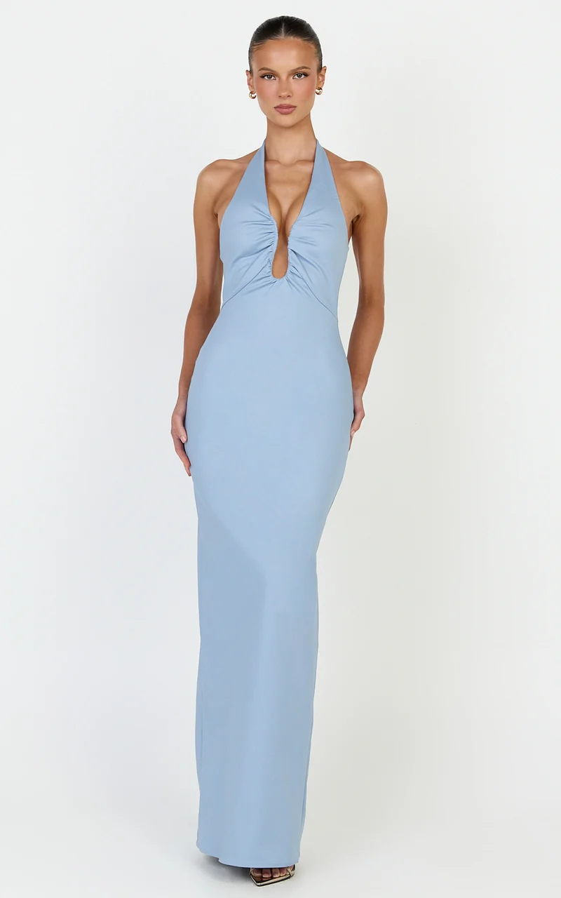 Baya Maxi Dress - Gathered Plunge Neckline Halter Dress in Pale Blue