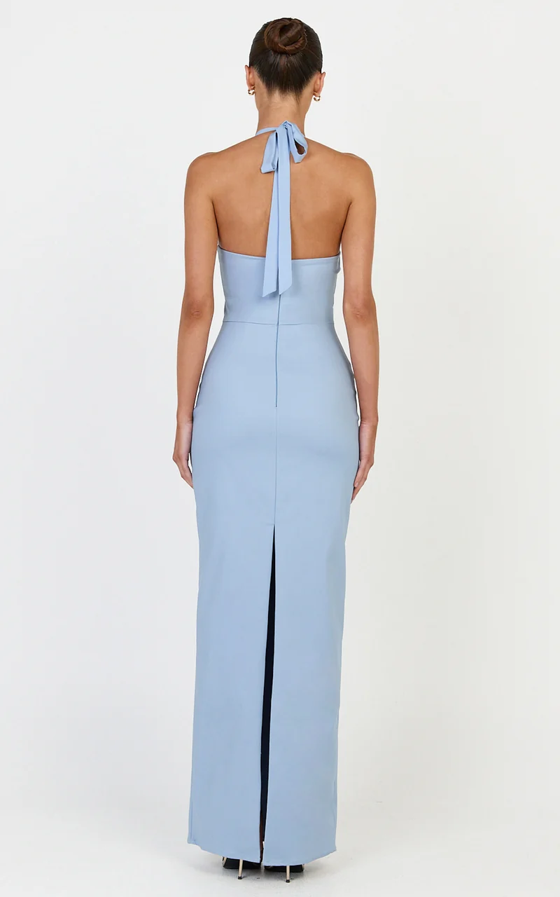 Baya Maxi Dress - Gathered Plunge Neckline Halter Dress in Pale Blue