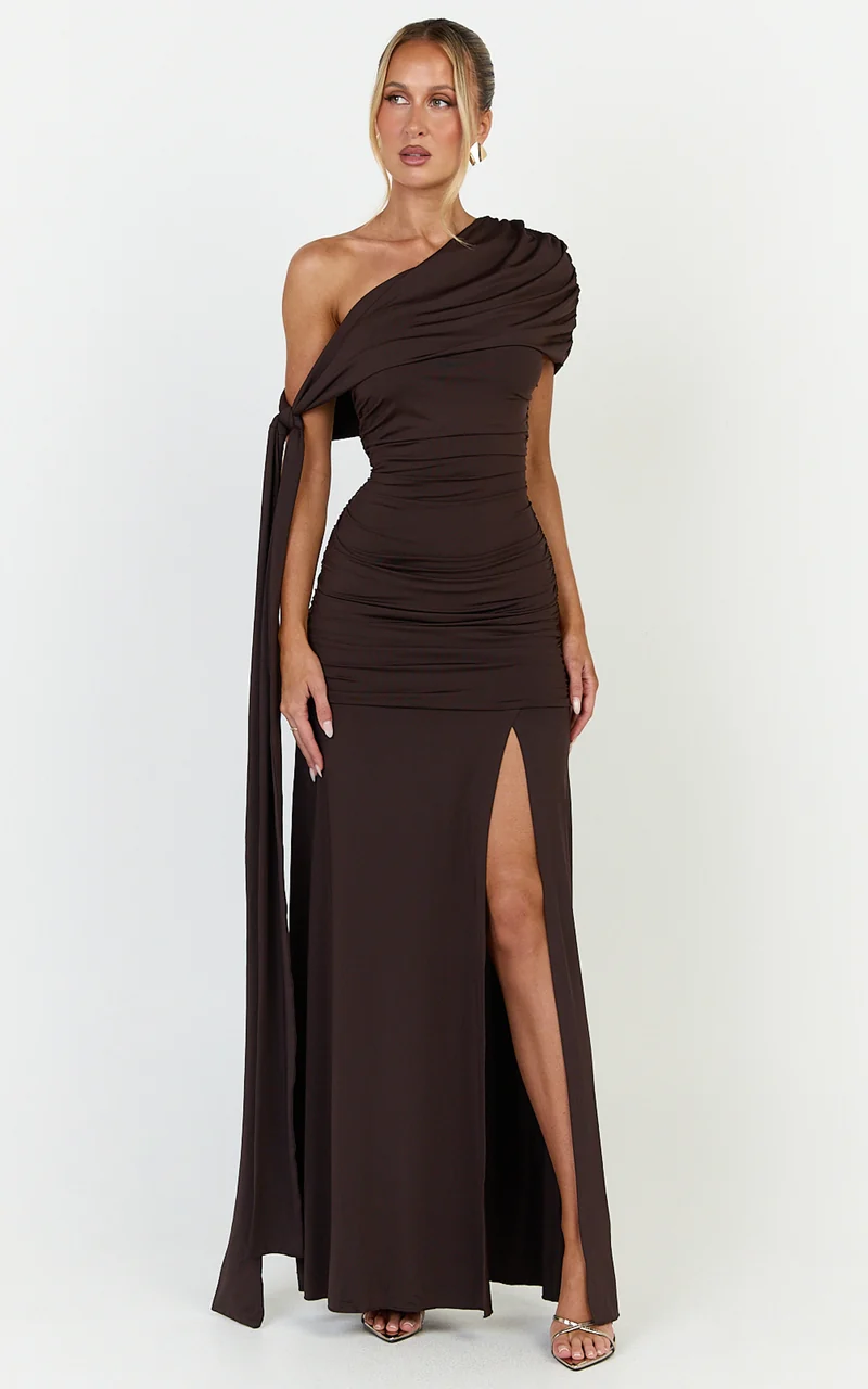 Bree Maxi Dress - Cape Tie Off Shoulder Fit And Flare Dress in Chocolate