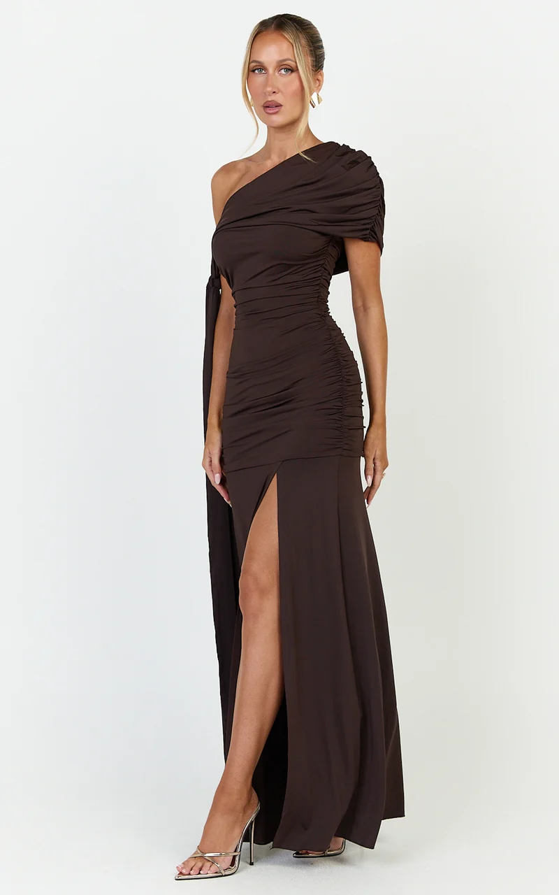 Bree Maxi Dress - Cape Tie Off Shoulder Fit And Flare Dress in Chocolate