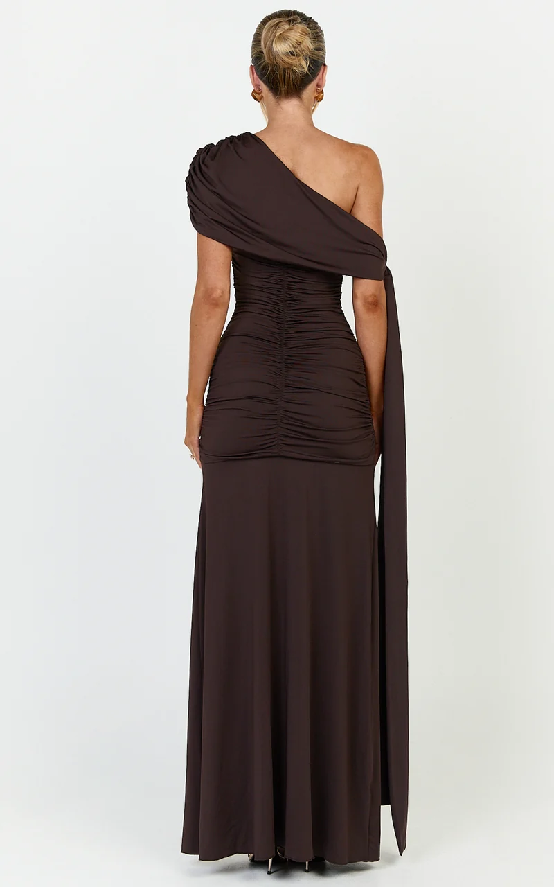 Bree Maxi Dress - Cape Tie Off Shoulder Fit And Flare Dress in Chocolate
