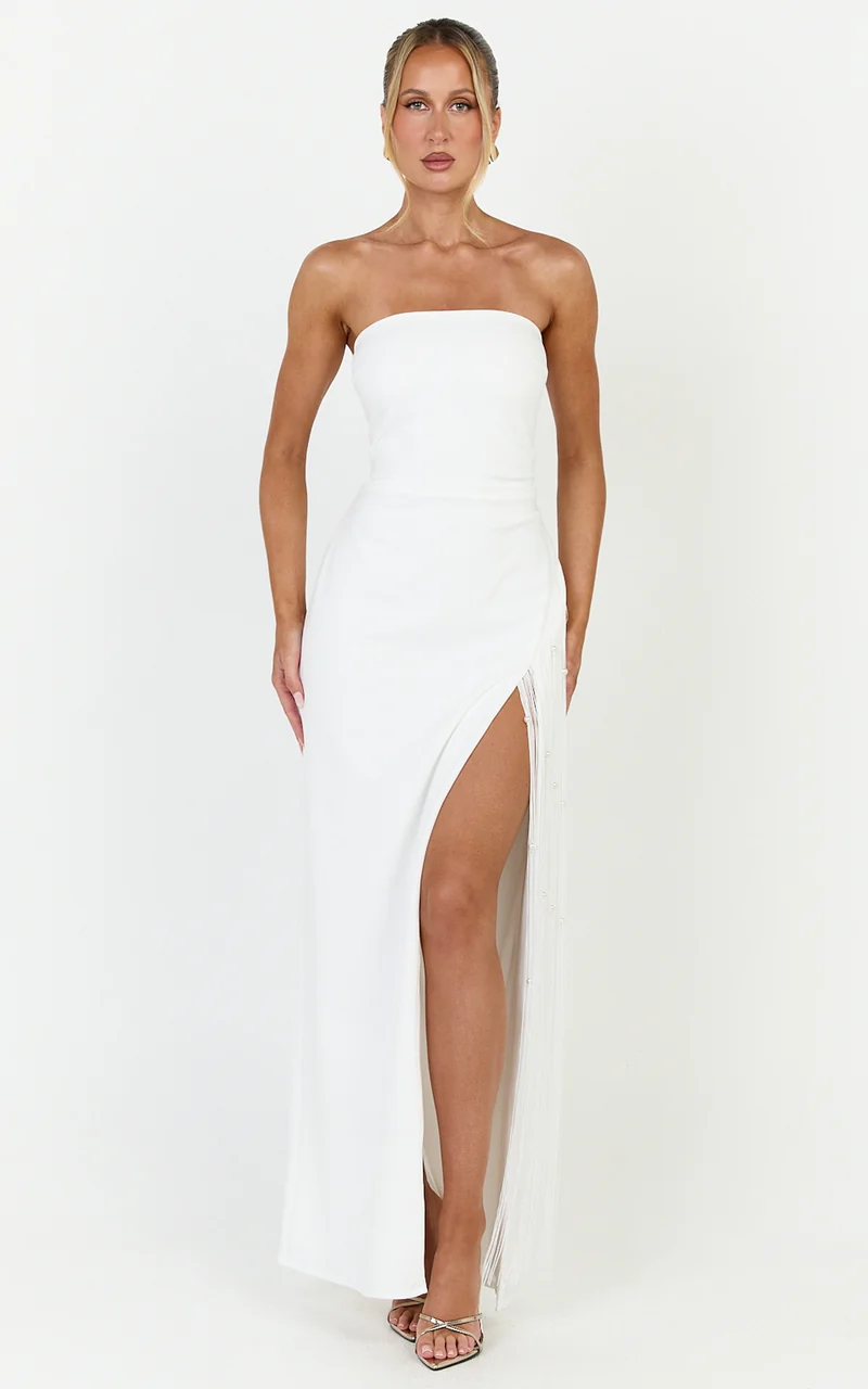 Liana Maxi Dress - Strapless Pearl Fringe Dress in White