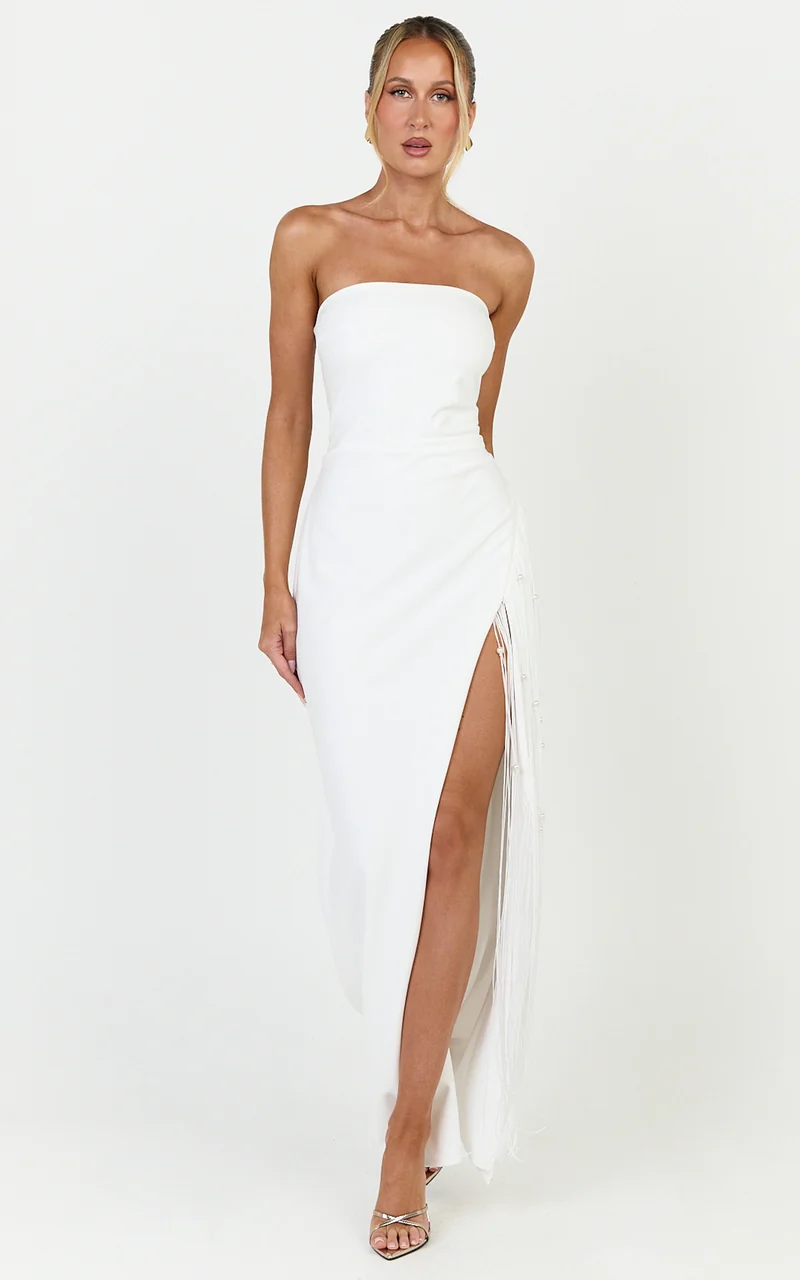 Liana Maxi Dress - Strapless Pearl Fringe Dress in White