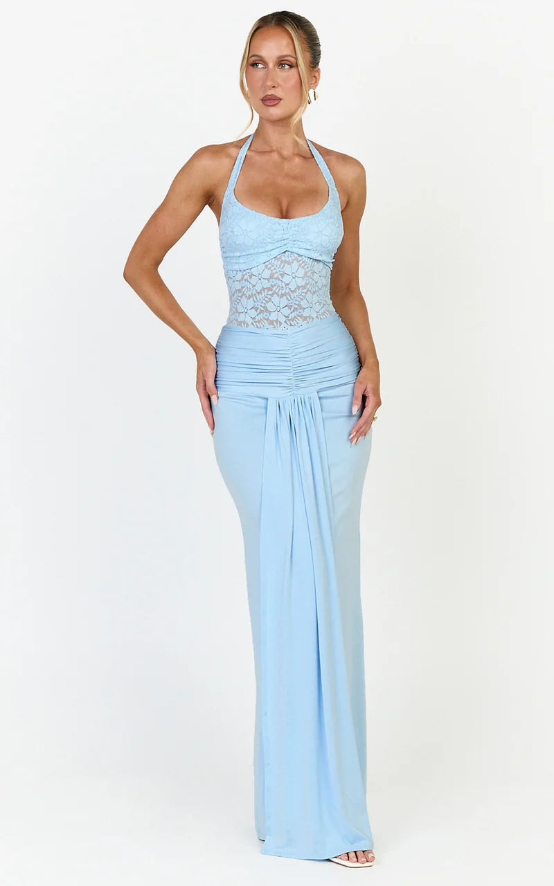 Melville Maxi Dress - Lace Bodice Draped Front Halter Dress in Blue