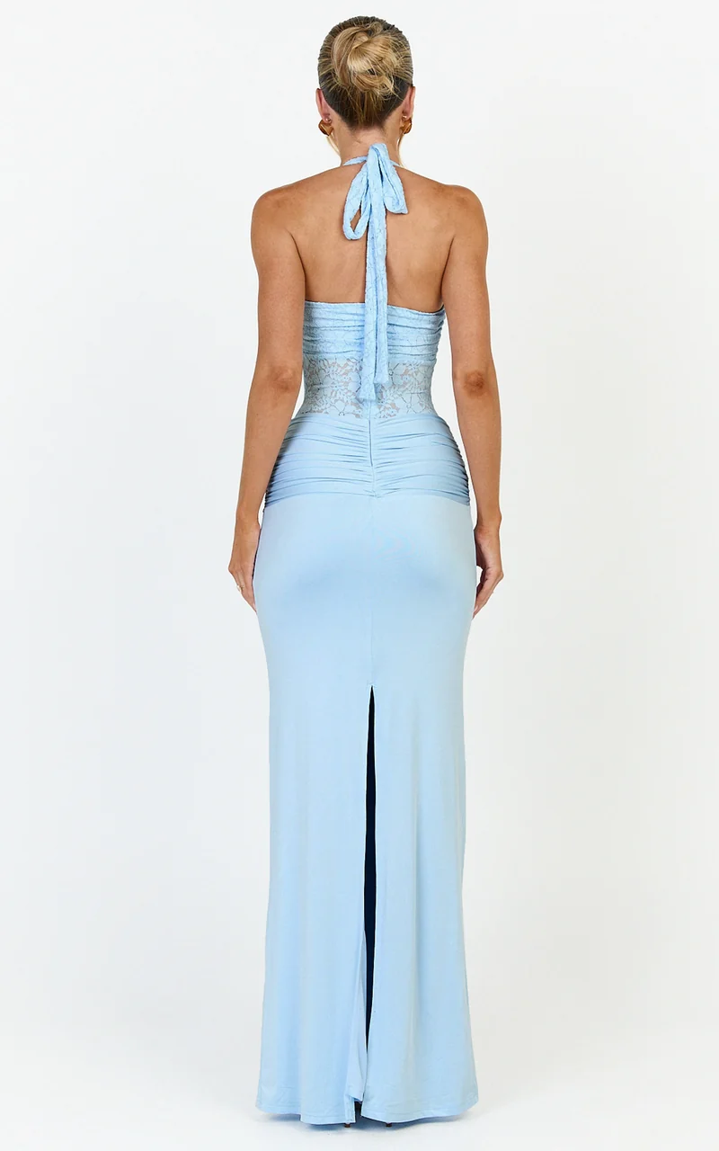 Melville Maxi Dress - Lace Bodice Draped Front Halter Dress in Blue